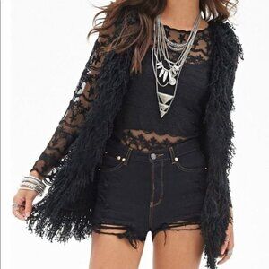 NWT Sun & Shadow Black Fuzzy Faux Fur Crochet Knit Sleeveless Sweater Vest Sz XS